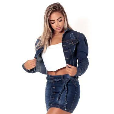 Imagem de Jaqueta Jeans Feminina com Lycra Manga Princesa Bufante (BR, Alfa, G, Regular, Regular, Azul escuro)