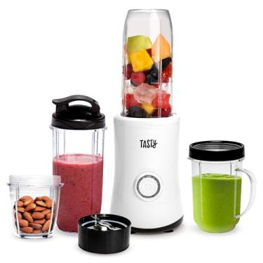 Imagem de Tasty Liquidificador pessoal com copos, motor de mistura potente de 350 W, conjunto de 9 peças com 4 xícaras e tampa de viagem, compacto e portátil, branco