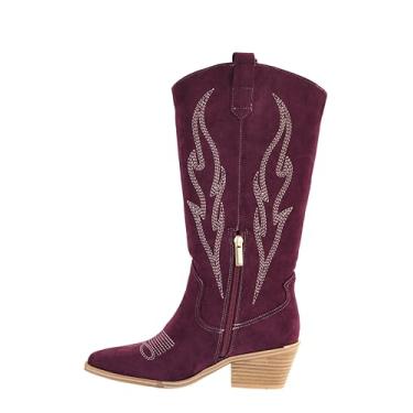 Imagem de Corkys Footwear Bota feminina estilo faroeste, com salto de 6 cm e palmilhas acolchoadas confortáveis para usar o dia todo, Camurça sintética vinho, 40