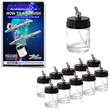 Imagem de Master Airbrush (pacote com 10) TB-002 frascos vazios de vidro de 22 ml com montagem de tampa do adaptador de ângulo de 30° para baixo – serve para escovas de alimentação de sifão de dupla ação, use com mestre, texugo, patesche, iwata