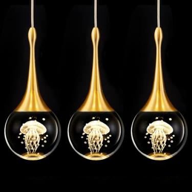 Imagem de CHYING Luminárias Pendentes Led Para Ilha De Cozinha, Pacote Com 3 Unidades, Luminária Pendente Dourada Em Formato De Lágrima, Para Teto De Banheiro, Iluminação Pendente Globo De Água-Viva Para Sala