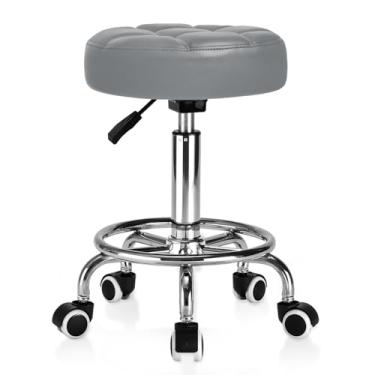 Imagem de Banqueta redonda de couro PU – Banco acolchoado ultramacio com rodas com apoio para os pés, capacidade de peso de 158 kg, banco de altura ajustável para salão de massagem de tatuagem, centro de spa