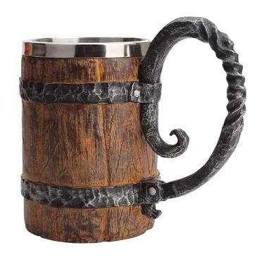 Imagem de LAUGOKOBE Caneca de cerveja de barril de madeira, copo viking grande, caneca de cerveja estilo madeira com alça, caneca de tanque de aço inoxidável de parede dupla, presentes antigos para homens, bar,