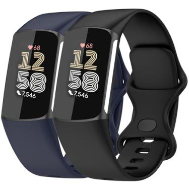 Imagem de Nacorulu Compatível com pulseiras Fitbit Charge 6/Fitbit Charge 5, pulseira de substituição de silicone macio para mulheres e homens, pacote com 2 (preto_azul marinho, P (14 a 19,8 cm)