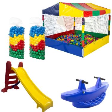 Imagem de Kit Piscina de Bolinhas 1,50m c/ 1000 Bolinhas Escorregador Médio Gangorra 2 Lugar