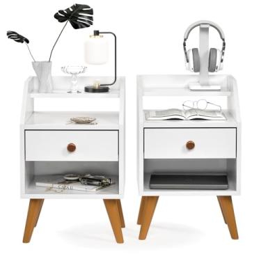 Imagem de KIT 2 Mesas De Cabeceiras 1 Gaveta Nicho Prateleiras Mini Cômoda Criado Dakota (Branco)