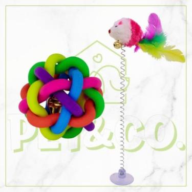 Imagem de Brinquedos para Gatos Monte seu Kit Bola Sino Pelúcia e Mola Maluca - 