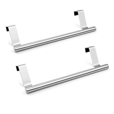 Imagem de szhdxsy 2 peças de aço inoxidável sobre porta toalheiro, suporte de barra de toalha de porta de armário de cozinha para mão, toalheiros de porta com ganchos para banheiros e cozinhas, prateado