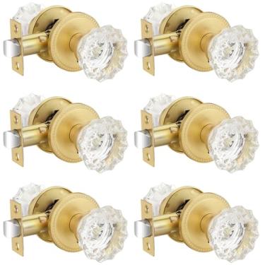 Imagem de EHOMEWARE Pacote com 6 maçanetas de vidro, puxadores de porta de cristal interior dourado, fechadura de porta de quarto, maçaneta de porta de banheiro dourada, fechadura de porta sem chave de