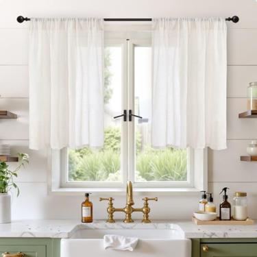 Imagem de BGment Cortinas curtas de linho 91 cm de comprimento para janela de cozinha sobre a pia - pequenas cortinas marfim, filtragem de luz com bolso para varão, leve para banheiro, janela de café, conjunto