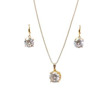 Imagem de Conjunto Brinco e Colar Redondos de Pedras de Cristal Banhado Ouro 18k