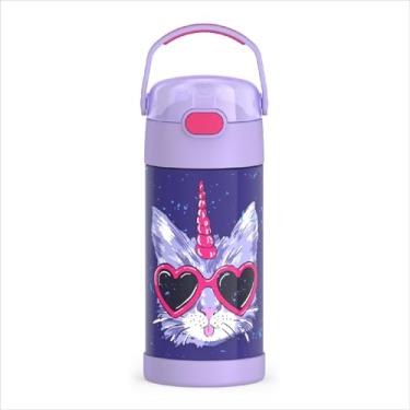 Imagem de THERMOS FUNTAINER Garrafa de água com canudo - 340 g - Garrafa de água infantil isolada a vácuo de aço inoxidável com tampa, caticornianos frios