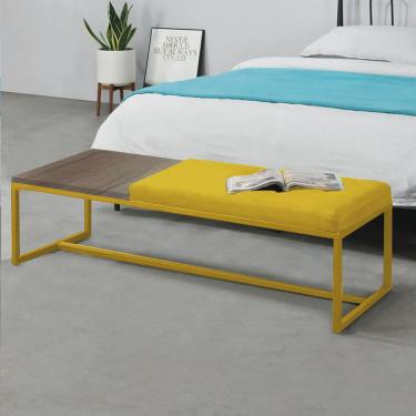 Imagem de Calçadeira Recamier Londres 140cm Industrial Dourado Suede Amarelo Tampo Quadrado mdf Carvalho - Ahz Móveis