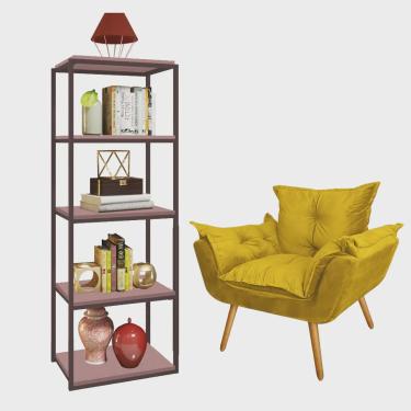 Imagem de Kit Poltrona Fatte com Estante Livreiro Ferro Marrom mdf Rose Suede Amarelo - Ahazzo Móveis