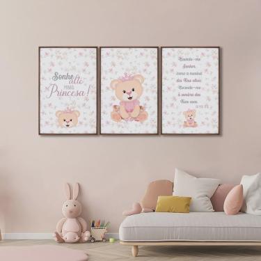 Imagem de Quadro Infantil Decorativo Sonhe Alto Princesa com 3 Telas de Parede para Quarto Sala Brinquedoteca