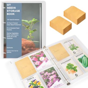 Imagem de Go2trymo Kit organizador de pacotes de sementes – 100 envelopes para guardar sementes, 25 pacotes de mangas transparentes (4 bolsos cada, tamanho do compartimento 9,9 cm x 13,2 cm), adequado para