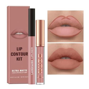 Imagem de MIELIKKI Conjunto de 2 peças de batom líquido fosco e delineador labial, kit de maquiagem para lábios One Step, copo antiaderente + delineador labial, altamente pigmentado, impermeável, de longa