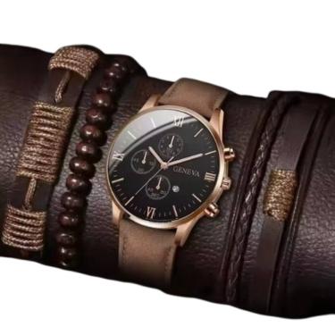 Imagem de Relógio Masculino Marrom Couro Geneva + Kit Pulseiras