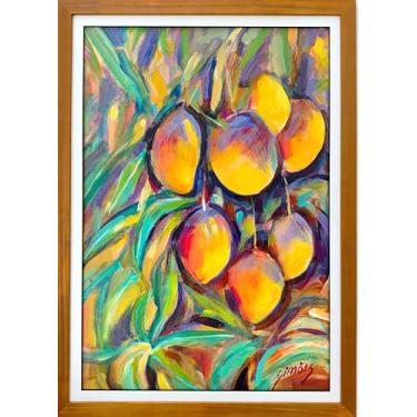 Imagem de Pintura Acrílica Abstrata de Frutas, 42x60cm, Emoldurada com Madeira Natural e Paspatur Branco