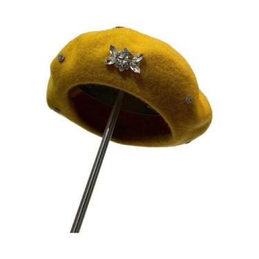 Imagem de Boina Feminina de Lã com Strass - Moda Coreana para Inverno, Amarelo