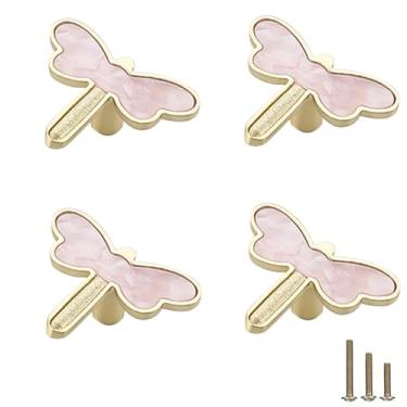 Imagem de Sinyiol Puxador de gaveta de libélula rosa de 4 peças, puxadores de armário de porta de armário, puxadores bonitos simples e elegantes para penteadeira de menina puxadores para quarto infantil (4