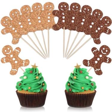 Imagem de Whaline 48 peças de enfeite de cupcake de Natal com glitter marrom gengibre homem picaretas de comida de Natal para decoração de bolo de inverno de Natal
