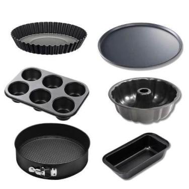 Imagem de Conjunto 7 Formas Pão Bolo 26cm Cupcake Assadeira Pizza Tortas Fundo Removível Antiaderente Aço(kit 6 formas - Sem Assadeira)