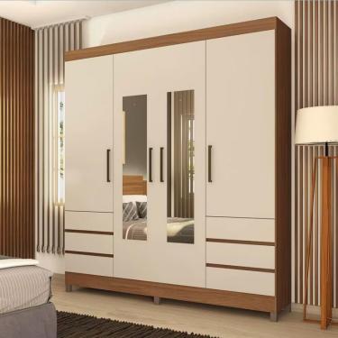 Imagem de Guarda-roupa Casal Demóbile Mônaco 4 Portas 6 Gavetas Com Espelho 195cm Amendôla Com Off White