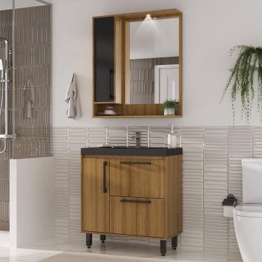 Imagem de Gabinete Para Banheiro 2 Gavetas 1 Porta Com Espelheira 1 Porta Eleganza Lamina Mel / Preto