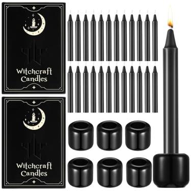Imagem de Baderke Pacote com 24 minivelas pretas de 10 cm e 6 castiçais de feitiços para feitiços de feitiçaria para rituais, aniversários, meditação, altar, feitiços