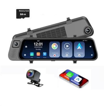 Imagem de XRC TECH 3 câmeras Dash Cam espelho retrovisor de 12 polegadas sem fio Bluetooth Carplay Android Auto 2,5K 2560*1440P GPS Tracker Digital Video Recorder FM Transmissor (64GB TF Card incluído)