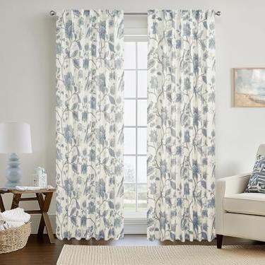 Imagem de Cortinas azul-claro e branco, azul celeste, cinza, floral, vaso sanitário, francês, 70% blackout Grandmillennial Grand Millenial Beachy Coastal Cortinas para quarto, sala de estar, 203 cm de