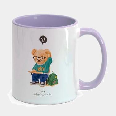 Imagem de Caneca Porcelana Branca Alça e Interior Roxa 325ml - URSO TEDDY NERD ESTUDANTE