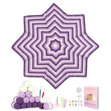 Imagem de Katech Kit de crochê para iniciantes, kits de cobertor quadrado de estrela de avó com tutoriais em vídeo passo a passo - Kit de crochê para iniciantes para adultos - Conjunto de tricô fácil com fio