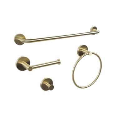 Imagem de Kit de banheiro dourado escovado - Toalheiro simples com ganchos para roupão - Conjunto de montagem em parede, conjunto de 4 peças