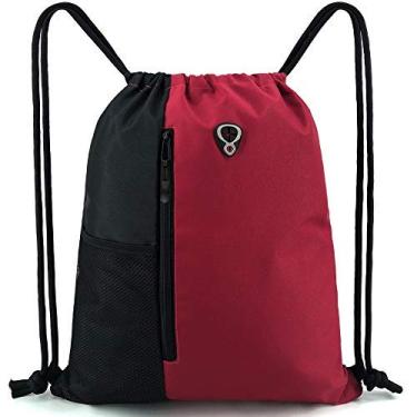 Imagem de Mochila esportiva com cordão para academia e esportes para mulheres, masculina, tamanho grande, com zíper e bolsos de malha para garrafa de água, Red/Black, 16" x 20"