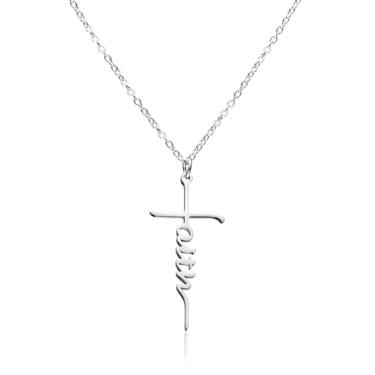 Imagem de Yooborn Colar com cruz de fé, aço inoxidável, recortado, letra de fé, colar com pingente de cruz para mulheres, joias religiosas, cristãs, presentes de Dia das Mães, para família ou amizade.