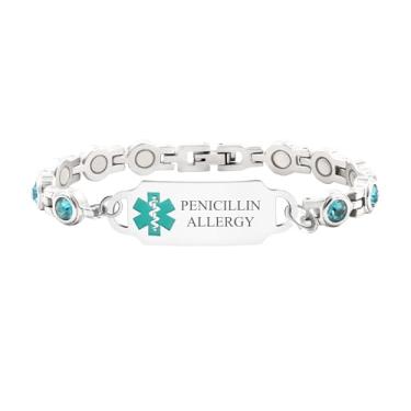 Imagem de Uloveido Pulseira de alerta médico de aço inoxidável – Pulseira de identificação de emergência personalizável para alertas de saúde, pulseira de identidade de zircônia cúbica azul claro para mulheres