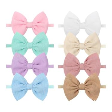 Imagem de Lanmerry 8 faixas de cabelo para bebês meninas com laços, tecido ondulado, laço de cabelo macaron elástico para recém-nascidos, acessórios de cabelo para meninas pequenas