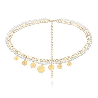 Imagem de Aheli Corrente de cintura banhada a ouro de 2 camadas com contas brancas e borlas de moedas, joias femininas