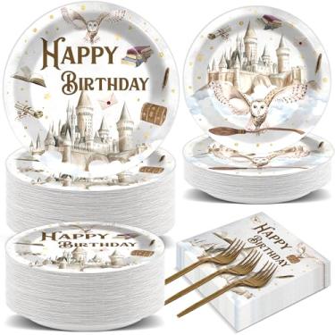 Imagem de 200Pcs Magical Wizard Birthday Party Supplies Vintage Castle Owl Party Plates and Napkins Witch Wizard Magic Disposable Tableware Decorations for Magic Baby Shower Birthday Favors for 50 Guests