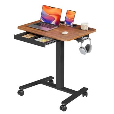 Imagem de JYLH JOYSEEKER Mesa móvel com gaveta, mesa com rodinhas de 71 cm com suporte de copo e ganchos, estação de trabalho portátil para laptop sobre rodas, carrinho de altura ajustável com armazenamento