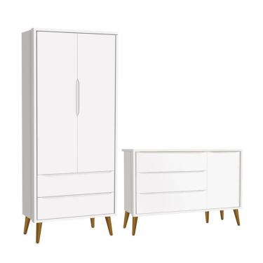 Imagem de Jogo de Quarto Infantil Theo Retrô Guarda Roupa 2 Portas e Cômoda 1 Porta com Pés Amadeirado - Reller Móveis Branco Fosco