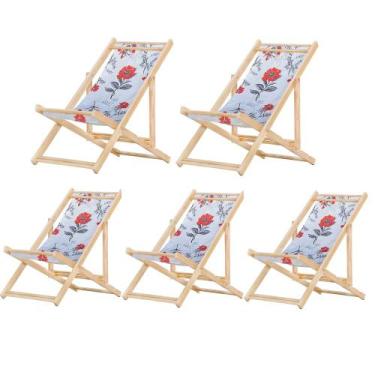 Imagem de Kit 5 Cadeiras Espreguiçadeira Preguiçosa Dobrávl Sem Braço Natural - 
