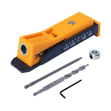 Imagem de POWERTEC Kit de gabarito de orifício de bolso único para marcenaria - gabarito de parafuso com furo de bolso com broca, broca de chave, chave hexagonal e colar de parada (72249)