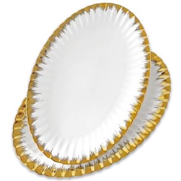 Imagem de Travessas de servir, travessas ovais de cerâmica, pratos de servir/bandejas de 30 cm para entretenimento em festas, pratos de jantar brancos de porcelana com acabamento dourado para sanduíche