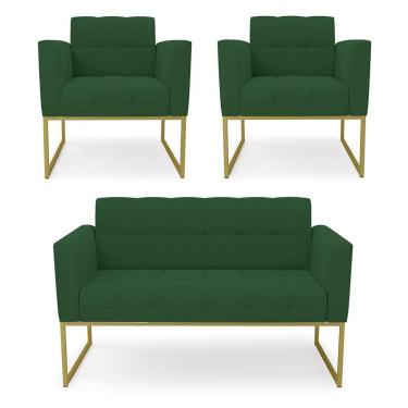 Imagem de Kit 1 Sofá Namoradeira E 2 Poltronas Elisa Veludo Verde Base Metálica Industrial Dourado - D'rossi