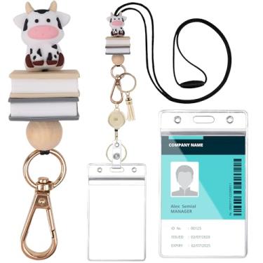 Imagem de Cordão de professor com porta-crachá de identificação, lindo cordão de contas de vaca e livros com carretel retrátil para crachá, porta-cartões e chaveiro de borla, presentes para professores