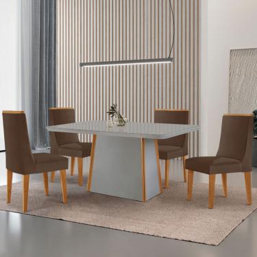 Imagem de Mesa de Jantar Diane 120cm Tampo MDF Vidro com 4 Cadeiras Lisboa Moderna Mobília - Veludo Marrom/Off/Nat/Serig Off