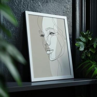 Imagem de Quadro Decorativo Rosto Feminino Com Moldura - Desenho Linhas Finas Mulher Minimalista Moderno Abstrato Preto Branco Sala Quarto
